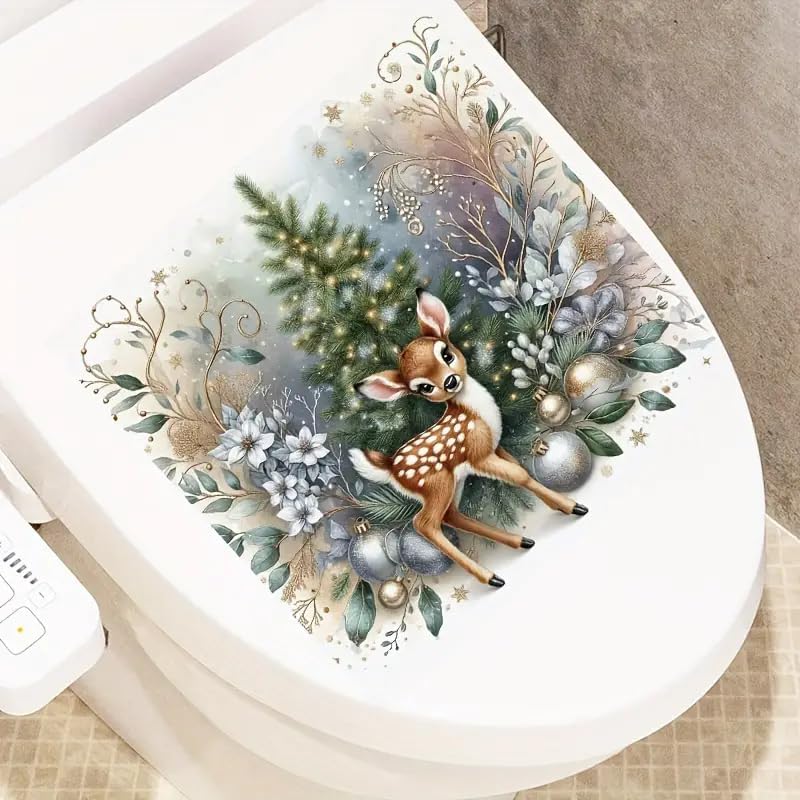 DIDOSOFT Christmas Festive Deer and Tree Toilet Cover Sticker Decals,Fish Bird Flower Leaf Waterproof Toilet Lid Tank Seat Decals Cistern Self-Adhesive Bathroom Wall Sticker - Image 4